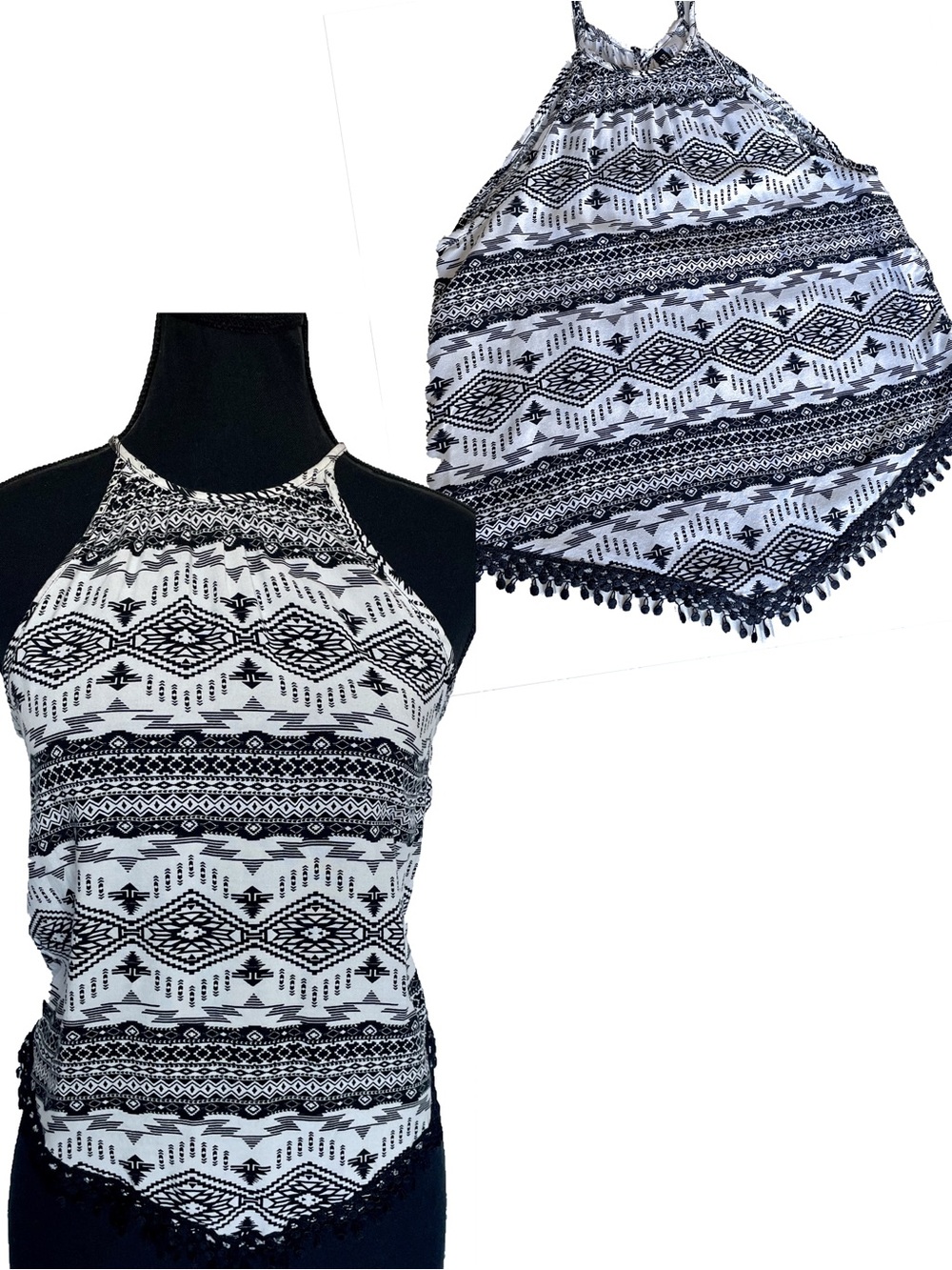 Halter Top Boho Black White Aztec Hippie Festival Fringe Pom Trim Keyhole Size 2